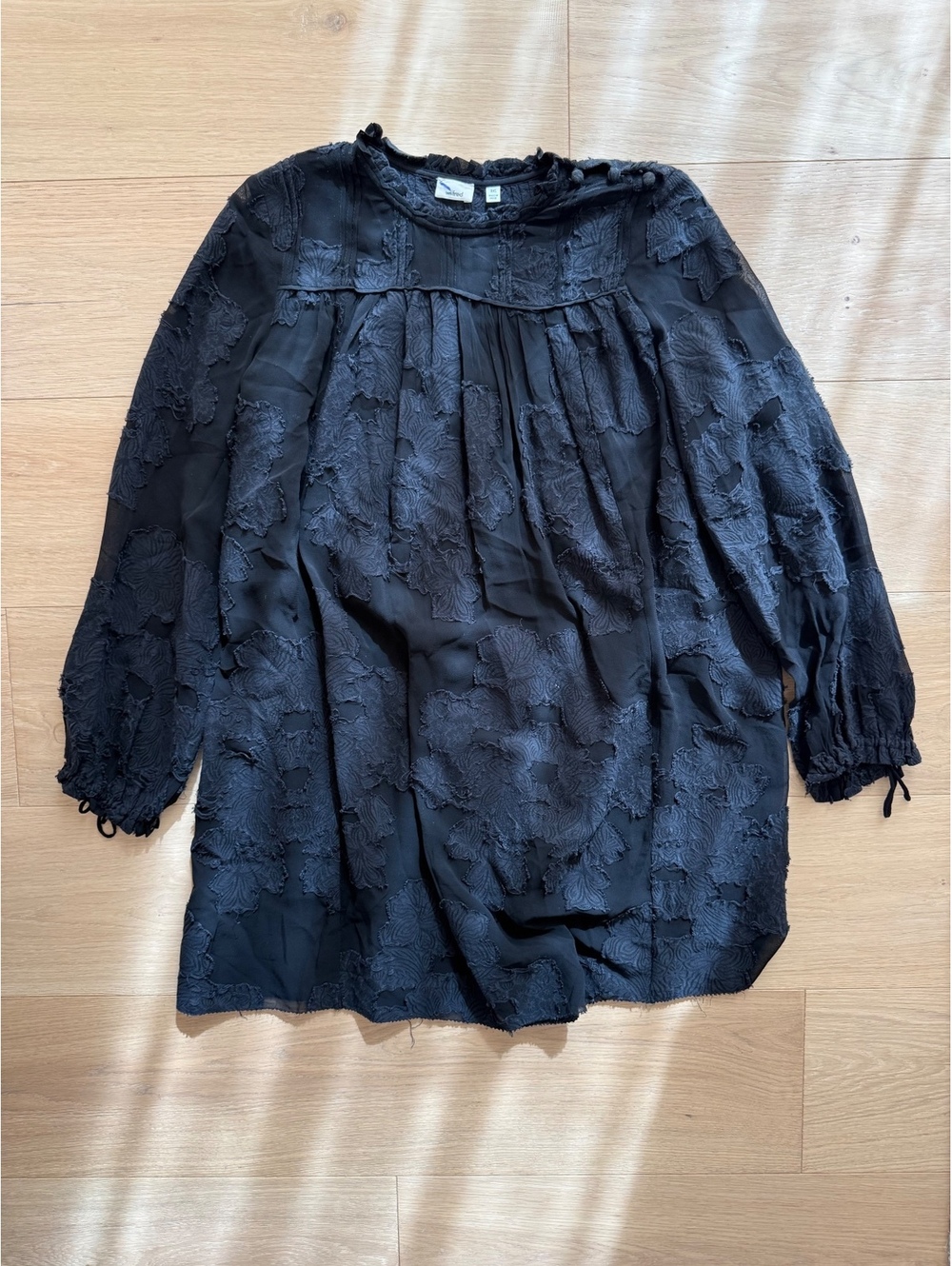 Aritzia Wilfred Black Floral Appliqué Babydoll Dress XXS Whimsigoth Sheer